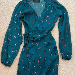 Reformation Teal Long Sleeve Wrap Dress with Bird Print